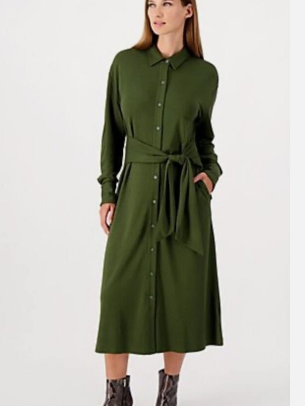 Jason Wu Olive Green Button-Front Midi Shirt Dress with Tie Belt